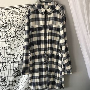 Long sleeve blue, white and grey plaid dress